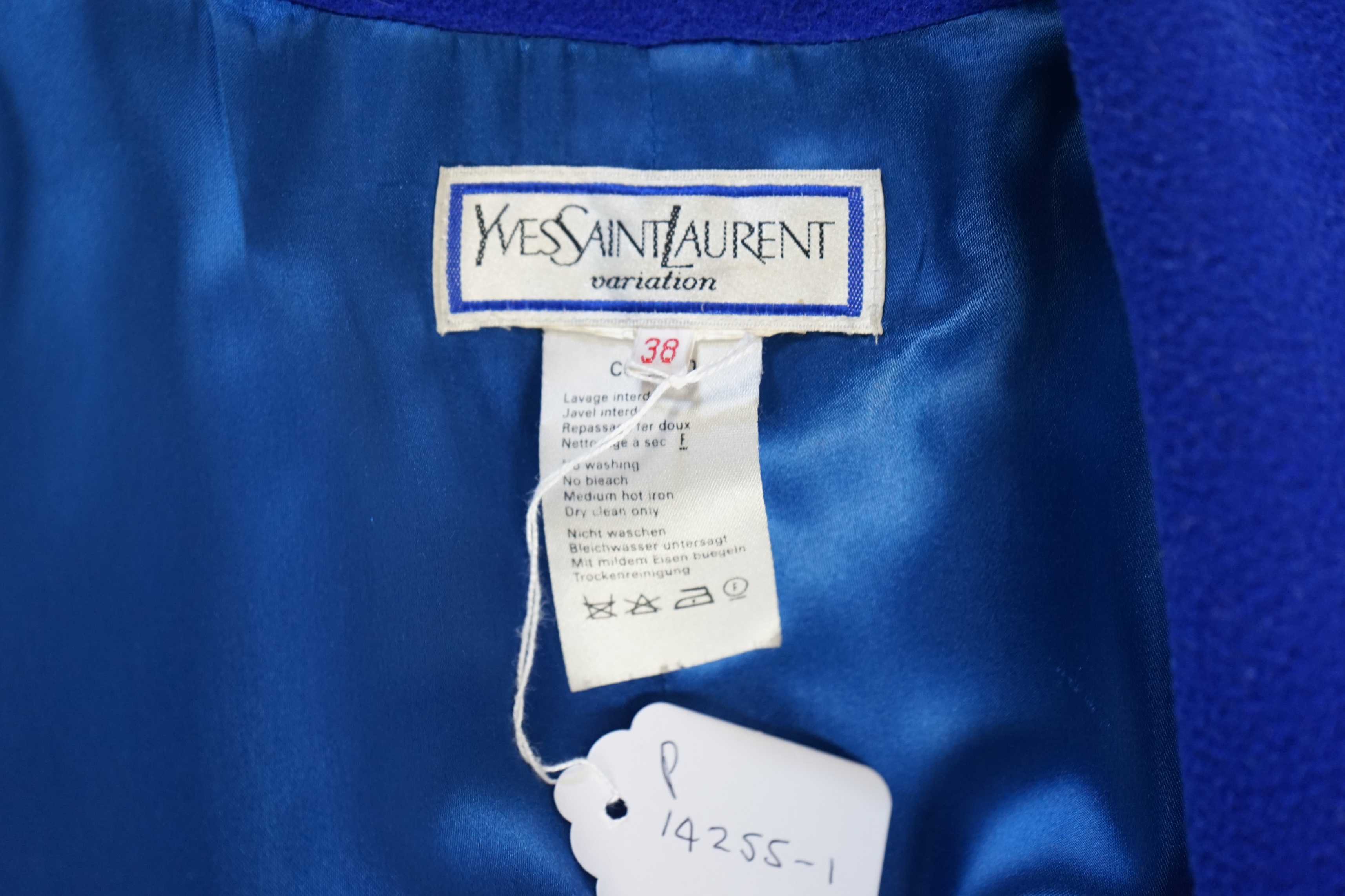 A vintage Yves Saint Laurent variation lady's royal blue wool coat, F 38 (UK 10). Proceeds to Happy Paws Puppy Rescue